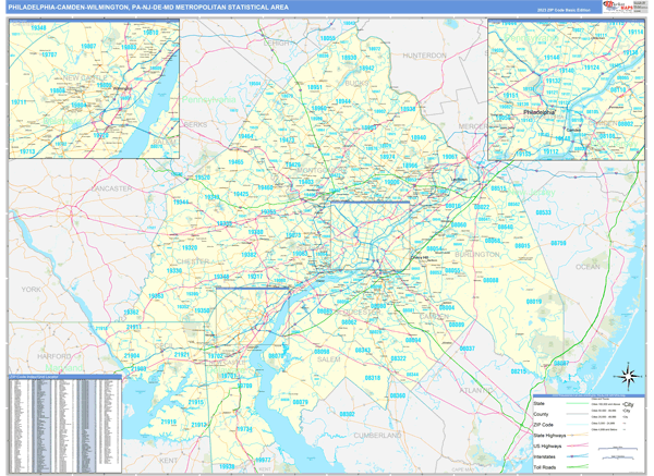 Philadelphia-Camden-Wilmington Metro Area Wall Map Basic Style